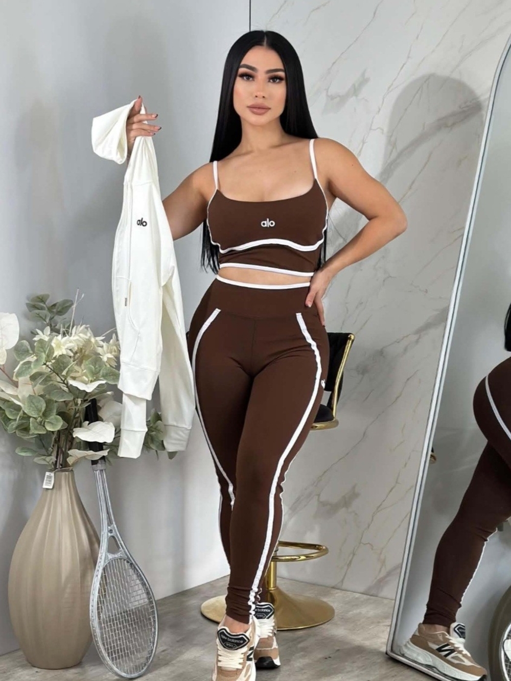 3 Set Brown High-Waist Leggings with White Trim